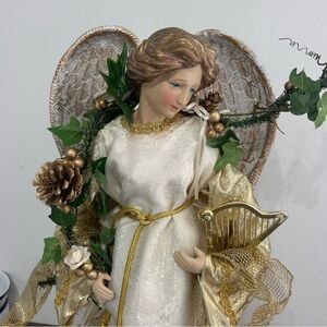Vintage Angel Tree Topper Large 25” Gold Ivory Christmas Decor Molded Wings